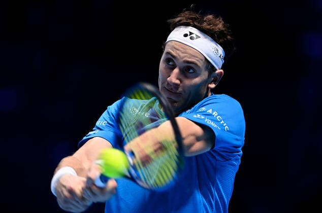 Italy Tennis ATP, Tennis Herren Finals 6699810 19.11.2021 Norway s Casper Ruud returns a shot during the group stage singles tennis match of the ATP Finals against Russia s Andrey Rublev at the Pall Alpitour venue in Turin, Italy. Alexey Filippov Sputnik Turin Italy  Copyright: xAlexeyxFilippovx