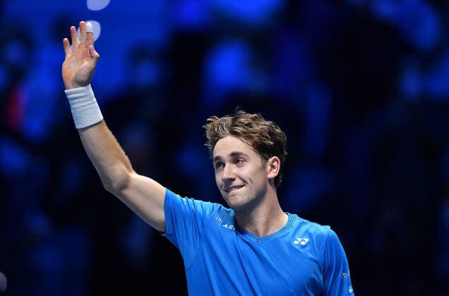 November 19, 2021, Turin, Italy: Casper Ruud of Norway celebrates after winning the match against Andrey Rublev of Russia at the Nitto ATP, Tennis Herren Finals in Turin, Italy, 19 November 2021.ANSA ALESSANDRO DI MARCO ATP Finals in Turin  - ZUMAa110 20211119_zaf_a110_044 Copyright: xAlessandroxDixMarcox