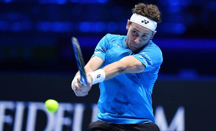 November 19, 2021, Turin, Italy: CASPER RUUD of Norway returns the ball during the match against A. Rublev of Russia at the Nitto ATP, Tennis Herren Finals in Turin, Italy. Ruud won 2:6, 7:5, 7:6. Turin Italy - ZUMAa110 20211119_zaf_a110_038 Copyright: xAlessandroxDixMarcox