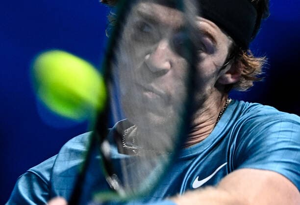 Italy Tennis ATP, Tennis Herren Finals 6699832 19.11.2021 Russia s Andrey Rublev returns a shot during the group stage singles tennis match of the ATP Finals against Norway s Casper Ruud at the Pala Alpitour venue in Turin, Italy. Alexey Filippov Sputnik Turin Italy  Copyright: xAlexeyxFilippovx