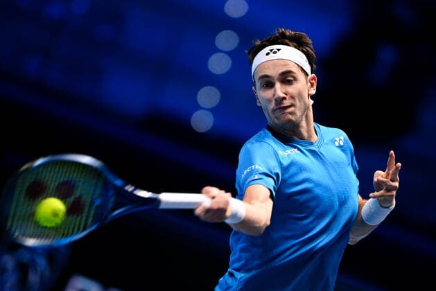Italy Tennis ATP, Tennis Herren Finals 6699835 19.11.2021 Norway s Casper Ruud returns a shot during the group stage singles tennis match of the ATP Finals against Russia s Andrey Rublev at the Pala Alpitour venue in Turin, Italy. Alexey Filippov Sputnik Turin Italy  Copyright: xAlexeyxFilippovx