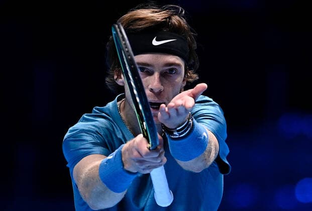 Italy Tennis ATP, Tennis Herren Finals 6699836 19.11.2021 Russia s Andrey Rublev reacts during the group stage singles tennis match of the ATP Finals against Norway s Casper Ruud at the Pala Alpitour venue in Turin, Italy. Alexey Filippov Sputnik Turin Italy  Copyright: xAlexeyxFilippovx