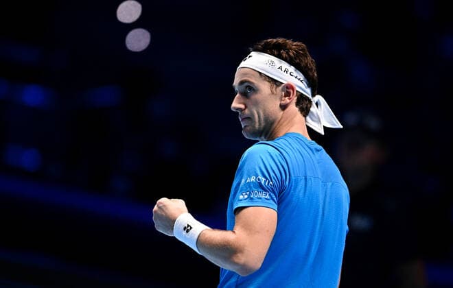 Italy Tennis ATP, Tennis Herren Finals 6699838 19.11.2021 Norway s Casper Ruud reacts during the group stage singles tennis match of the ATP Finals against Russia s Andrey Rublev at the Pala Alpitour venue in Turin, Italy. Alexey Filippov Sputnik Turin Italy  Copyright: xAlexeyxFilippovx