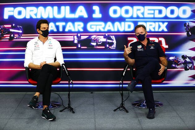 F1 Grand Prix of Qatar Toto Wolff (AUT, Mercedes-AMG Petronas F1 Team), Christian Horner (GBR, Red Bull Racing), F1 Grand Prix of Qatar at Losail International Circuit on November 19, 2021 in Doha, Qatar. (Photo by Dan Istitene Getty Images FIA Pool via HOCH ZWEI) Doha Losail Circuit Qatar Poolfoto HOCH ZWEI Pool Getty Images ,EDITORIAL USE ONLY