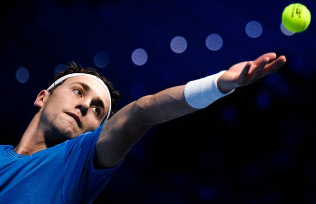 Italy Tennis ATP, Tennis Herren Finals 6699963 19.11.2021 Norway s Casper Ruud serves a ball during the group stage singles tennis match of the ATP Finals against Russia s Andrey Rublev at the Pala Alpitour venue in Turin, Italy. Alexey Filippov Sputnik Turin Italy  Copyright: xAlexeyxFilippovx