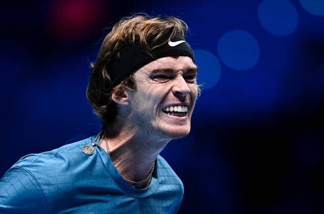 Italy Tennis ATP, Tennis Herren Finals 6699999 19.11.2021 Russia s Andrey Rublev reacts during the group stage singles tennis match of the ATP Finals against Norway s Casper Ruud at the Pala Alpitour venue in Turin, Italy. Alexey Filippov Sputnik Turin Italy  Copyright: xAlexeyxFilippovx