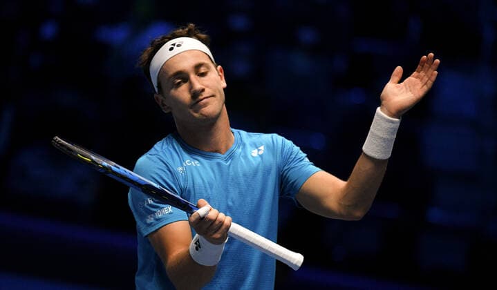 Italy Tennis ATP, Tennis Herren Finals 6699965 19.11.2021 Norway s Casper Ruud reacts during the group stage singles tennis match of the ATP Finals against Russia s Andrey Rublev at the Pala Alpitour venue in Turin, Italy. Alexey Filippov Sputnik Turin Italy  Copyright: xAlexeyxFilippovx