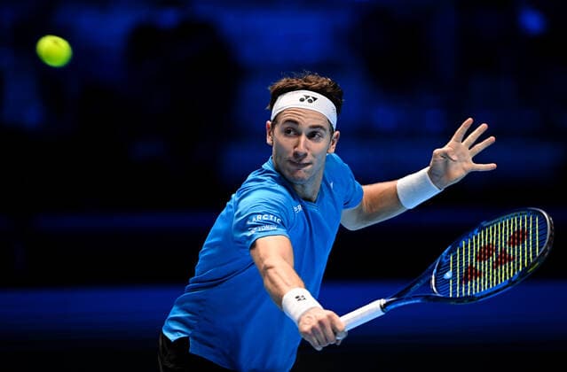 Italy Tennis ATP, Tennis Herren Finals 6699968 19.11.2021 Norway s Casper Ruud returns a shot during the group stage singles tennis match of the ATP Finals against Russia s Andrey Rublev at the Pala Alpitour venue in Turin, Italy. Alexey Filippov Sputnik Turin Italy  Copyright: xAlexeyxFilippovx
