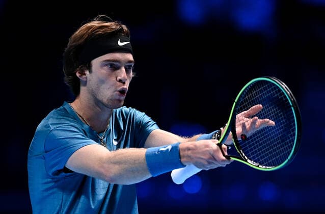 Italy Tennis ATP, Tennis Herren Finals 6699983 19.11.2021 Russia s Andrey Rublev reacts during the group stage singles tennis match of the ATP Finals against Norway s Casper Ruud at the Pala Alpitour venue in Turin, Italy. Alexey Filippov Sputnik Turin Italy  Copyright: xAlexeyxFilippovx