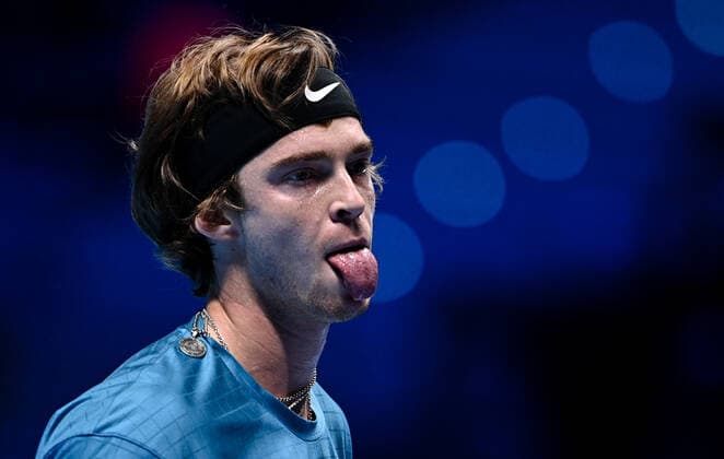 Italy Tennis ATP, Tennis Herren Finals 6700000 19.11.2021 Russia s Andrey Rublev reacts during the group stage singles tennis match of the ATP Finals against Norway s Casper Ruud at the Pala Alpitour venue in Turin, Italy. Alexey Filippov Sputnik Turin Italy  Copyright: xAlexeyxFilippovx