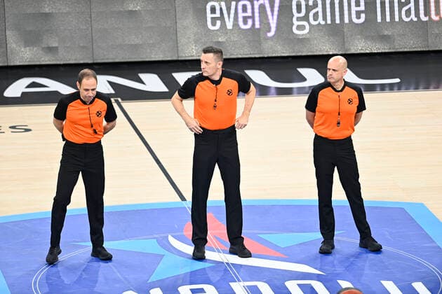Referees Sasa Pukl , Emilio Perez and Seffi Shehmesh during the Turkish Airlines Euroleague match between Anadolu Efes Istanbul and As Monaco at Sinan Erdem Arena in Istanbul , Turkey on November 19 , 2021. 