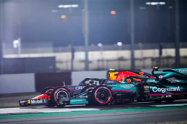 11 Sergio Perez MEX, Red Bull Racing , 5 Sebastian Vettel GER, Aston Martin Cognizant F1 Team , F1 Grand Prix of Qatar at Losail International Circuit on November 19, 2021 in Doha, Qatar Photo by HOCH ZWEI Doha Qatar