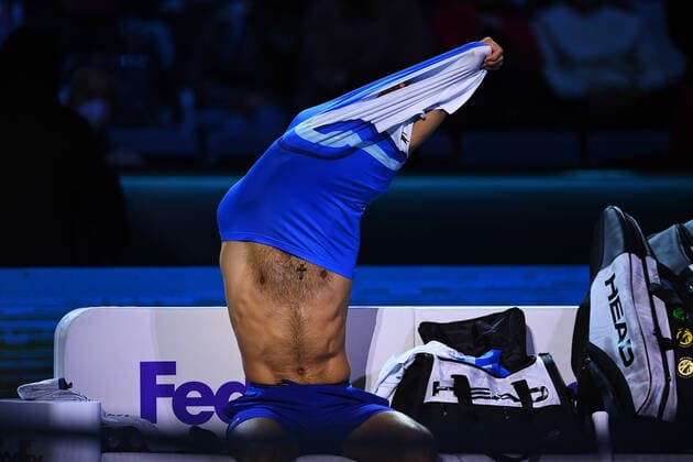 Photo Marco Alpozzi LaPresse November 19, 2021 Turin (Italy) Tennis Nitto ATP, Tennis Herren Finals - men s singles - Round Robin Novak Djokovic Vs Cameron Norrie In the pic: Novak Djokovic (Serbia)  Copyright: xMarcoxAlpozzi LaPressex
