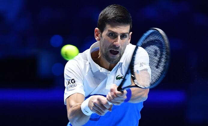 November 19, 2021, TURIN, Italia: Novak Djokovic of Serbia returns the ball during the match against Cameron Norrie of England at the Nitto ATP, Tennis Herren Finals in Turin, Italy, 19 November 2021.ANSA ALESSANDRO DI MARCO Tennis: Nitto ATP Finals in Turin  - ZUMAa110 20211119_zaf_a110_076 Copyright: xAlessandroxDixMarcox