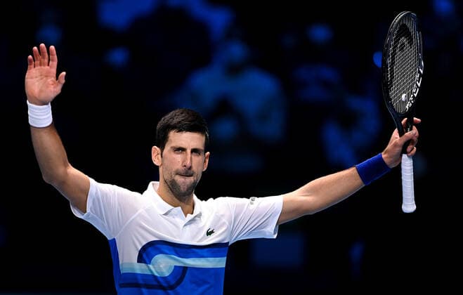 Italy Tennis ATP, Tennis Herren Finals 6700236 19.11.2021 Serbia s Novak Djokovic reacts during the group stage singles tennis match of the ATP Finals against Britain s Cameron Norrie at the Pala Alpitour venue in Turin, Italy. Alexey Filippov Sputnik Turin Italy  Copyright: xAlexeyxFilippovx