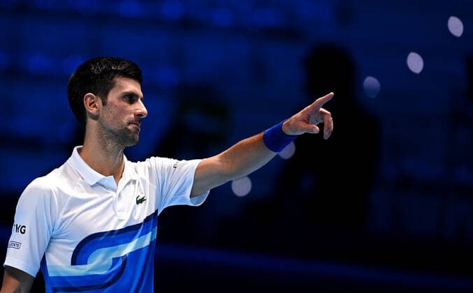 Italy Tennis ATP, Tennis Herren Finals 6700229 19.11.2021 Serbia s Novak Djokovic reacts during the group stage singles tennis match of the ATP Finals against Britain s Cameron Norrie at the Pala Alpitour venue in Turin, Italy. Alexey Filippov Sputnik Turin Italy  Copyright: xAlexeyxFilippovx