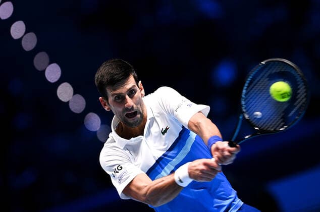 Italy Tennis ATP, Tennis Herren Finals 6700247 19.11.2021 Serbia s Novak Djokovic reacts during the group stage singles tennis match of the ATP Finals against Britain s Cameron Norrie at the Pala Alpitour venue in Turin, Italy. Alexey Filippov Sputnik Turin Italy  Copyright: xAlexeyxFilippovx