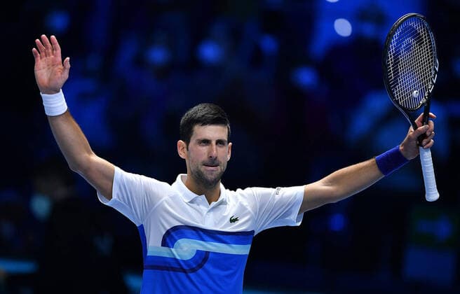 November 19, 2021, TURIN, Italia: Novak Djokovic of Serbia celebrates after winning the match against Cameron Norrie of England at the Nitto ATP, Tennis Herren Finals in Turin, Italy, 19 November 2021.ANSA ALESSANDRO DI MARCO Tennis: Nitto ATP Finals in Turin  - ZUMAa110 20211119_zaf_a110_088 Copyright: xAlessandroxDixMarcox