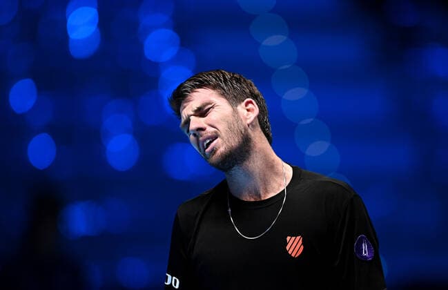 Italy Tennis ATP, Tennis Herren Finals 6700260 19.11.2021 Britain s Cameron Norrie reacts during the group stage singles tennis match of the ATP Finals against Serbia s Novak Djokovic at the Pala Alpitour venue in Turin, Italy. Alexey Filippov Sputnik Turin Italy  Copyright: xAlexeyxFilippovx