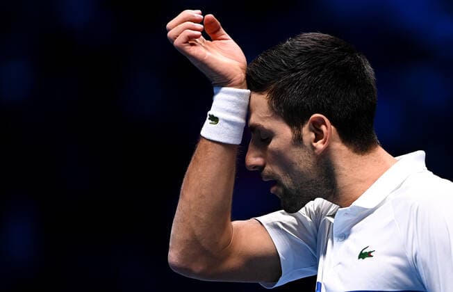 Italy Tennis ATP, Tennis Herren Finals 6700266 19.11.2021 Serbia s Novak Djokovic reacts during the group stage singles tennis match of the ATP Finals against Britain s Cameron Norrie at the Pala Alpitour venue in Turin, Italy. Alexey Filippov Sputnik Turin Italy  Copyright: xAlexeyxFilippovx