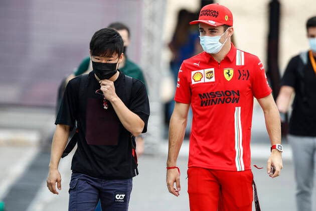 TSUNODA Yuki (jap), Scuderia AlphaTauri Honda AT02, portrait LECLERC Charles (mco), Scuderia Ferrari SF21, portrait during the Formula 1 Ooredoo Qatar Grand Prix 2021, 20th round of the 2021 FIA Formula One World Championship, WM, Weltmeisterschaft from November 19 to 21, 2021 on the Losail International Circuit, in Lusail, Qatar - F1 - QATAR GRAND PRIX 2021 DPPI Panoramic  00121041__B2_3429