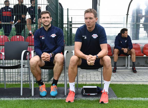 Leipzig assistant coach Moritz Volz and Leipzig head coach Julian Nagelsmann Football test match RB Leipzig FC Zuerich 12 July 2019 Leipzig, Red Bull Academy RB Leipzig FC Zuerich.