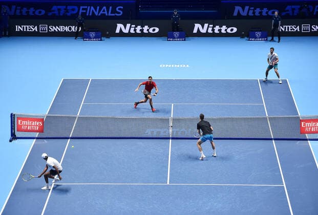 November 20, 2021, Turin, Italy: Rajeev Ram of USA and Joe Salisbury of England returns the ball during the match against Nikola Mekti? of Croatia and Mate Pavi? of Croatia at the Nitto ATP, Tennis Herren Finals in Turin, Italy, 20 November 2021.ANSA ALESSANDRO DI MARCO Turin Italy - ZUMAa110 20211120_zaf_a110_002 Copyright: xAlessandroxDixMarcox