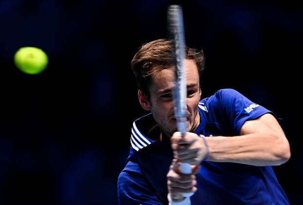 Italy Tennis ATP, Tennis Herren Finals 6700504 20.11.2021 Russia s Andrey Rublev returns a shot to Norway s Casper Ruud during the group stage singles semifinal tennis match of the ATP Finals at the Pala Alpitour venue in Turin, Italy. Alexey Filippov Sputnik Turin Italy  Copyright: xAlexeyxFilippovx