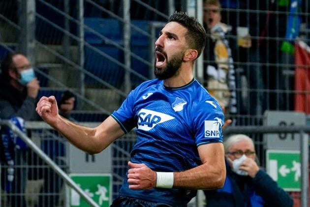 Sport Themen der Woche KW46 Torschütze Munas Dabbur (Hoffenheim, 10), jubelt über das Tor zum 2:0, Jubel, Torjubel, Torerfolg, celebrate the goal, goal, celebration, Jubel ueber das Tor, optimistisch, Spielszene, Highlight, Einzelbild, Action, Aktion, 20.11.2021, Sinsheim (Deutschland), Fussball, Bundesliga, TSG 1899 Hoffenheim - RB Leipzig, DFB DFL REGULATIONS PROHIBIT ANY USE OF PHOTOGRAPHS AS IMAGE SEQUENCES AND OR QUASI-VIDEO. *** Goal scorer Munas Dabbur Hoffenheim, 10 , celebrates the goal, goal, celebration, celebration about the goal, optimistic, game scene, highlight, single picture, action, action, 20 11 2021, Sinsheim Germany , Football, Bundesliga, TSG 1899 Hoffenheim RB Leipzig, DFB DFL REGULATES PROHIBIT ANY USE OF PHOTOGRAPHS AS IMAGE SEQUENCES AND OR QUASI VIDEO xozx