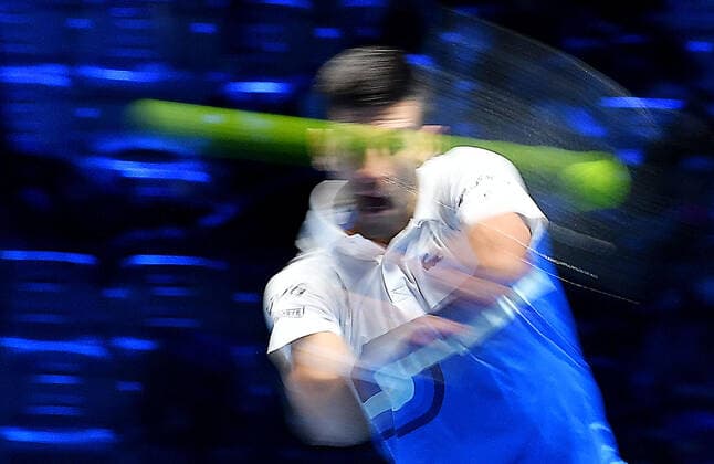 November 20, 2021, TURIN, Italia: Novak Djokovic of Serbia returns the ball during the match against Alexander Zverev of Germany at the Nitto ATP, Tennis Herren Finals in Turin, Italy, 20 November 2021.ANSA ALESSANDRO DI MARCO TURIN Italia - ZUMAa110 20211120_zaf_a110_109 Copyright: xAlessandroxDixMarcox