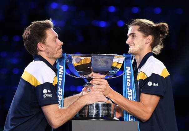 Italy Tennis ATP, Tennis Herren Finals 6701195 21.11.2021 France s Pierre-Hugues Herbert and Nicolas Mahut pose with a trophy during an award ceremony for the doubles final match against Britain s Joe Salisbury and Rajeev Ram, of the United States, at the ATP Finals at the Pala Alpitour venue in Turin, Italy. Alexey Filippov Sputnik Turin Italy  Copyright: xAlexeyxFilippovx