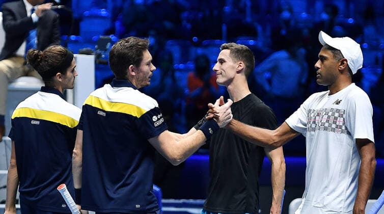 November 21, 2021, TORINO, Italia: Pierre-Hugues Herbert of France and Nicolas Mahut of France celebrate after winning the match against Rajeev Ram of USA and Joe Salisbury of England at the Nitto ATP, Tennis Herren Finals in Turin, Italy, 21 November 2021.ANSA ALESSANDRO DI MARCO Tennis: Nitto ATP Finals in Turin  - ZUMAa110 20211121_zaf_a110_052 Copyright: xAlessandroxDixMarcox