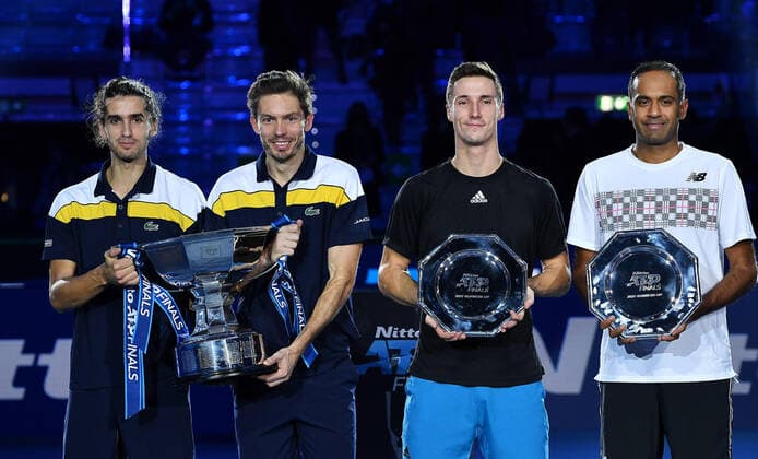 November 21, 2021, TORINO, Italia: Pierre-Hugues Herbert of France and Nicolas Mahut of France celebrate after winning the match against Rajeev Ram of USA and Joe Salisbury of England at the Nitto ATP, Tennis Herren Finals in Turin, Italy, 21 November 2021.ANSA ALESSANDRO DI MARCO Tennis: Nitto ATP Finals in Turin  - ZUMAa110 20211121_zaf_a110_057 Copyright: xAlessandroxDixMarcox