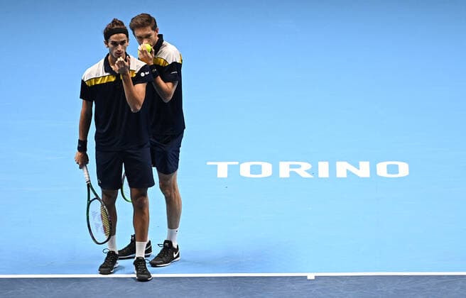 Italy Tennis ATP, Tennis Herren Finals 6701222 21.11.2021 France s Pierre-Hugues Herbert and Nicolas Mahut play against Rajeev Ram, of the United States, and Britain s Joe Salisbury during their doubles final match of the ATP Finals at the Pala Alpitour venue in Turin, Italy. Alexey Filippov Sputnik Turin Italy  Copyright: xAlexeyxFilippovx