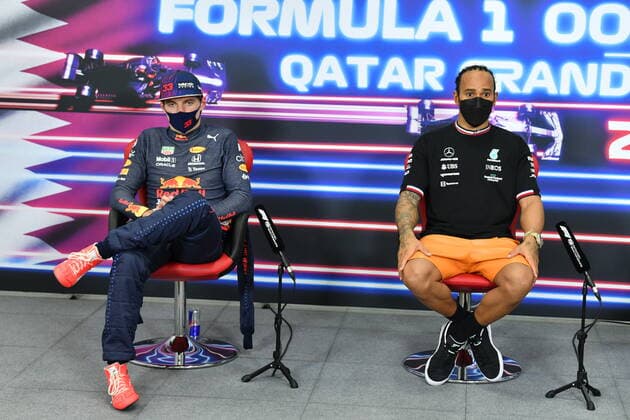 F1 Grand Prix of Qatar 33 Max Verstappen (NED, Red Bull Racing), 44 Lewis Hamilton (GBR, Mercedes-AMG Petronas F1 Team), F1 Grand Prix of Qatar at Losail International Circuit on November 21, 2021 in Doha, Qatar. (Photo by Mark Sutton LAT Motorsport Images FIA Pool via HOCH ZWEI) Doha Qatar Poolfoto HOCH ZWEI Pool Motorsport Images ,EDITORIAL USE ONLY