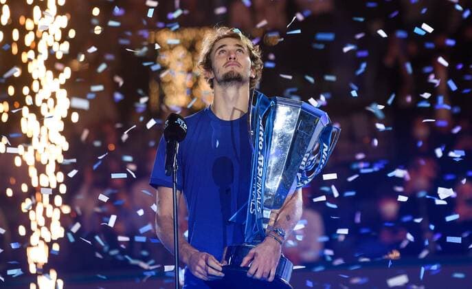 Italy Tennis ATP, Tennis Herren Finals 6701378 21.11.2021 Germany s Alexander Zverev poses with a trophy during an award ceremony for the singles final match of the ATP Finals against Russia s Daniil Medvedev at the Pala Alpitour venue in Turin, Italy. Alexey Filippov Sputnik Turin Italy  Copyright: xAlexeyxFilippovx