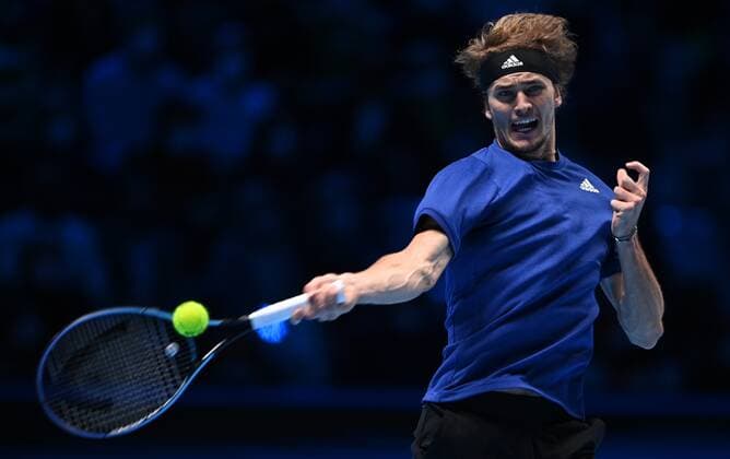 Italy Tennis ATP, Tennis Herren Finals 6701385 21.11.2021 Germany s Alexander Zverev returns a shot to Russia s Daniil Medvedev during their singles final match of the ATP Finals at the Pala Alpitour venue in Turin, Italy. Alexey Filippov Sputnik Turin Italy  Copyright: xAlexeyxFilippovx
