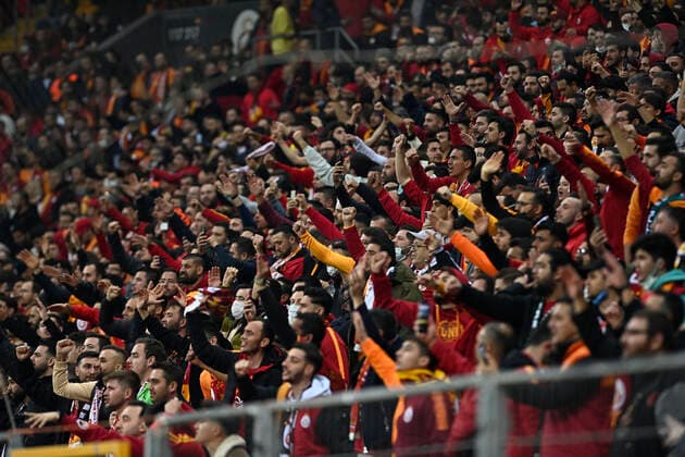 Fans of Galatasaray during the Turkish super league big derby match between Galatasaray and Fenerbahce at NEF stadium in Istanbul , Turkey on November 21, 2021. 