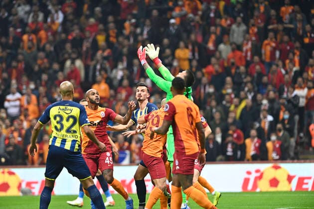 Marcao (45) , Goalkeeper Fernando Muslera of Galatasaray and Mergim Berisha of Fenerbahce during the Turkish super league big derby match between Galatasaray and Fenerbahce at NEF stadium in Istanbul , Turkey on November 21, 2021. 