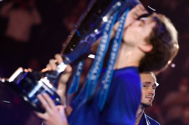 Italy Tennis ATP, Tennis Herren Finals 6701409 21.11.2021 Germany s Alexander Zverev and Russia s Daniil Medvedev, background, are seen at an award ceremony for the singles final match of the ATP Finals at the Pala Alpitour venue in Turin, Italy. Alexey Filippov Sputnik Turin Italy  Copyright: xAlexeyxFilippovx