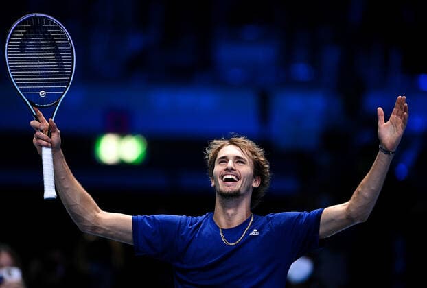Italy Tennis ATP, Tennis Herren Finals 6701419 21.11.2021 Germany s Alexander Zverev celebrates the victory in the singles final match of the ATP Finals against Russia s Daniil Medvedev at the Pala Alpitour venue in Turin, Italy. Alexey Filippov Sputnik Turin Italy  Copyright: xAlexeyxFilippovx