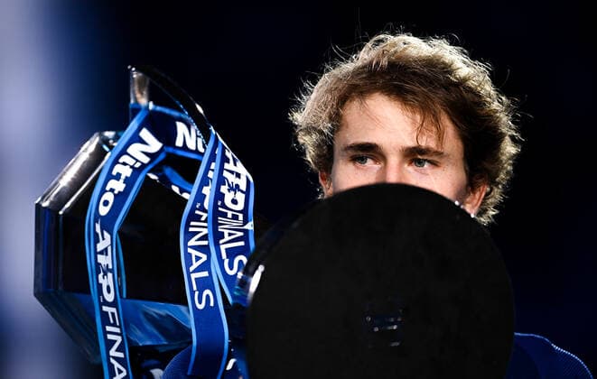 Italy Tennis ATP, Tennis Herren Finals 6701497 21.11.2021 Germany s Alexander Zverev poses with a trophy during an award ceremony for the singles final match of the ATP Finals against Russia s Daniil Medvedev at the Pala Alpitour venue in Turin, Italy. Alexey Filippov Sputnik Turin Italy  Copyright: xAlexeyxFilippovx