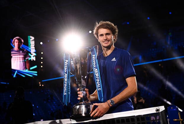 Italy Tennis ATP, Tennis Herren Finals 6701499 21.11.2021 Germany s Alexander Zverev poses with a trophy during an award ceremony for the singles final match of the ATP Finals against Russia s Daniil Medvedev at the Pala Alpitour venue in Turin, Italy. Alexey Filippov Sputnik Turin Italy  Copyright: xAlexeyxFilippovx