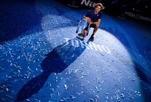 Italy Tennis ATP, Tennis Herren Finals 6701500 21.11.2021 Germany s Alexander Zverev poses with a trophy during an award ceremony for the singles final match of the ATP Finals against Russia s Daniil Medvedev at the Pala Alpitour venue in Turin, Italy. Alexey Filippov Sputnik Turin Italy  Copyright: xAlexeyxFilippovx