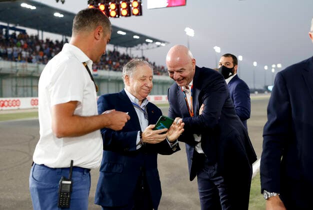 TODT Jean (fra), FIA President, Gianni Infantino, FIFA President during the Formula 1 Ooredoo Qatar Grand Prix 2021, 20th round of the 2021 FIA Formula One World Championship, WM, Weltmeisterschaft from November 19 to 21, 2021 on the Losail International Circuit, in Lusail, Qatar - F1 - QATAR GRAND PRIX 2021 - RACE DPPI Panoramic  F12021GP20QAT_JK234456