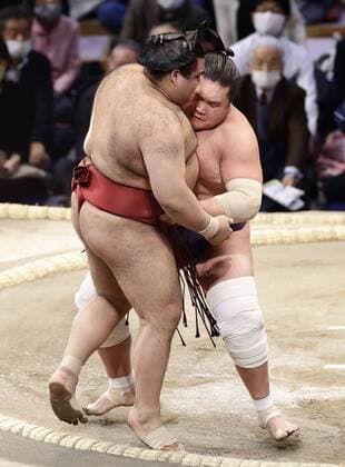 Sport Themen der Woche KW47 Sport Bilder des Tages Kyushu Grand Sumo Tournament Grand champion Terunofuji (R) defeats Takayasu on the ninth day of the Kyushu Grand Sumo Tournament on Nov. 22, 2021, at Fukuoka Kokusai Center in Fukuoka, southwestern Japan.  A14AA0000935176P