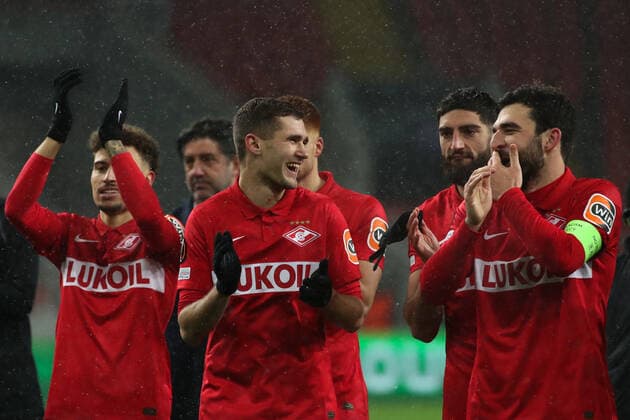 MOSCOW, RUSSIA â€“ NOVEMBER 24, 2021: FC Spartak Moscow s players acknowledge the audience after winning their 2021 22 UEFA Europa League Group C football match against SSC Napoli at Otkrytie Bank Arena Stadium. Sergei Fadeichev TASS  TS119374