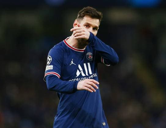 Mandatory Credit: Photo by Matt West Shutterstock (12615942p) Lionel Messi of Paris Saint Germain looks dejected Manchester City v Paris Saint Germain, UEFA Champions League, Group A, Football, Etihad Stadium, Manchester, UK - 24 Nov 2021 EDITORIAL USE ONLY No use with unauthorised audio, video, data, fixture lists, club league logos or live services. Online in-match use limited to 120 images, no video emulation. No use in betting, games or single club league player publications. Manchester City v Paris Saint Germain, UEFA Champions League, Group A, Football, Etihad Stadium, Manchester, UK - 24 Nov 2021 EDITORIAL USE ONLY No use with unauthorised audio, video, data, fixture lists, club league logos or live services. Online in-match use limited to 120 images, no video emulation. No use in betting, games or single club league player publications. Copyright: xMattxWest Shutterstockx 12615942p