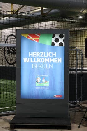 1 FC Köln Host city Cologne welcomes delegation from DFB and UEFA At the kick off event, Team Cologne competes against Team Euro 2024 for the show match, billboard with Euro poster, 25 11 2021, picture DUS900
