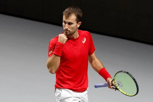 Canadian tennis player Steven Diez reacts against Swedish Elias Ymer during the Davis Cup Final tennis match held at Madrid Arena, in Madrid, central Spain, 25 November 2021. Canada vs. Sweden !ACHTUNG: NUR REDAKTIONELLE NUTZUNG!  Copyright: xRodrigoxJimenezx GRAF1405 20211125-2165144c45213b6af6d8c2760a8e964efcde910f